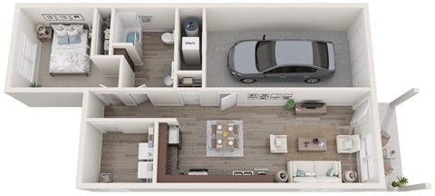 a 3d rendering of a bedroom with a car